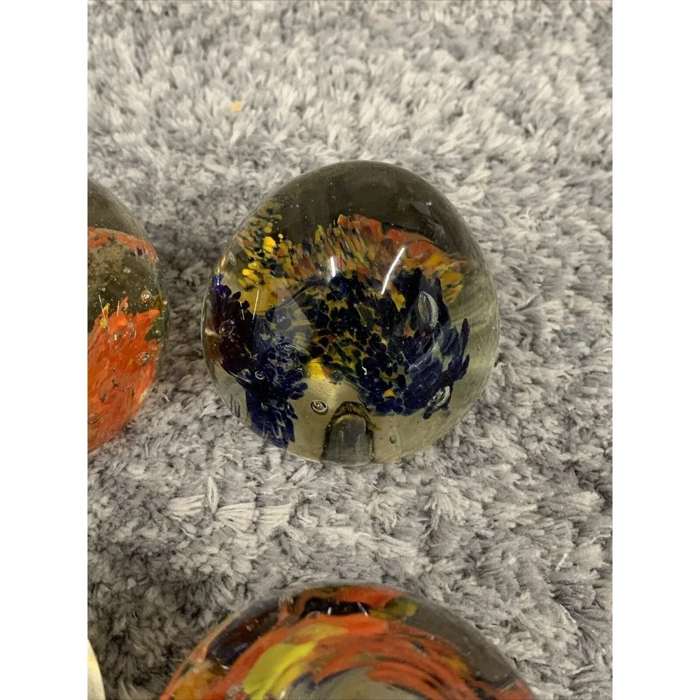 4 Hand Blown Art Glass Paperweight Bubble Sphere Yellow‎ Orange Blue Red